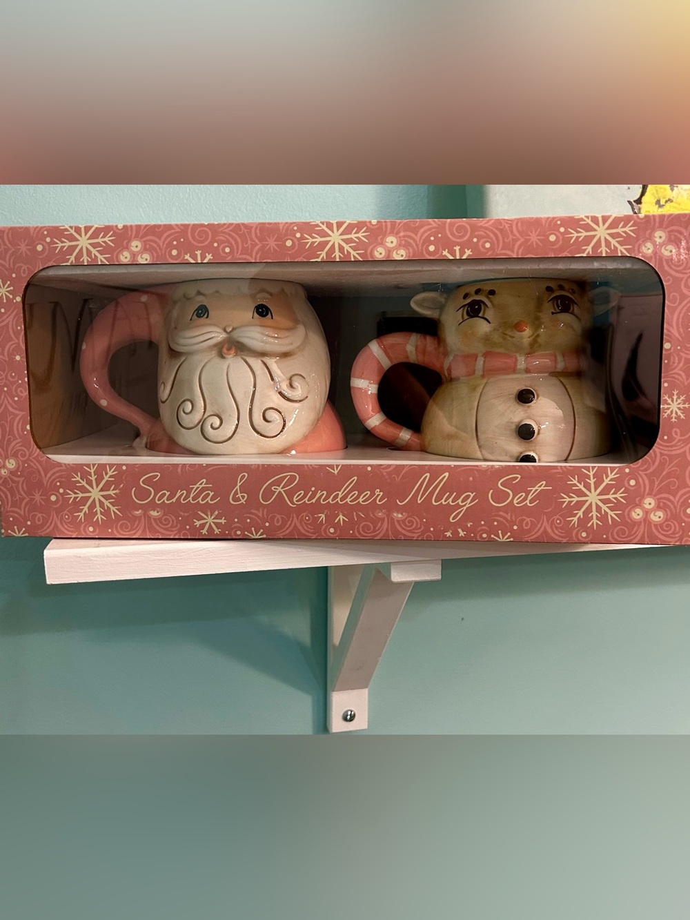 Johanna Parker Christmas Holiday Pink Santa & Reindeer Christmas Large Mug Set